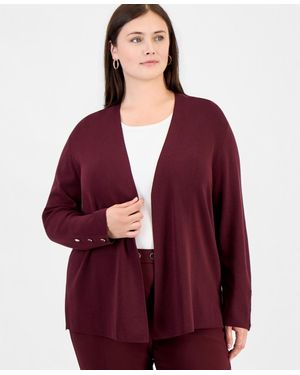 Anne Klein Essentials Plus Size Collarless Open-front Long-sleeve Cardigan - Red
