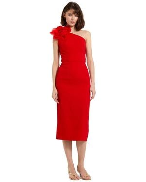 Mac Duggal Crepe One Shoulder Flower Detail Midi Dress - Red