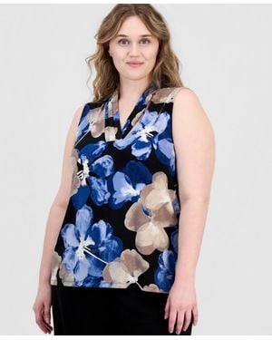 Anne Klein Plus Size Printed V-neck Sleeveless Top - Blue