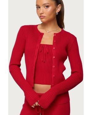 Edikted Adannah Ribbed Knit Button Up Cardigan - Red