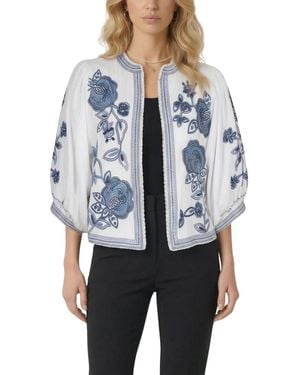 Modenaire Floral Embroidered Cropped Jacket - Blue