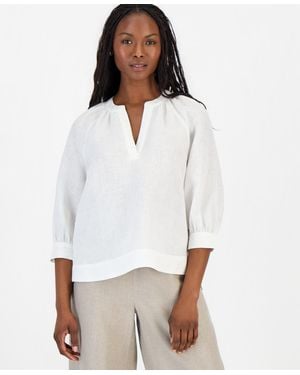 Charter Club Petite 100% Linen Split-neck 3/4-sleeve Blouse - White