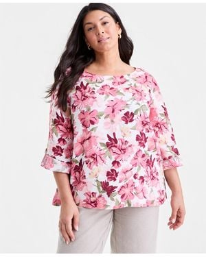 Charter Club Plus Size Linen Floral-print 3/4-sleeve Blouse - Red