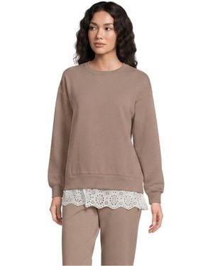 Lands' End Long Sleeve Serious Sweats Lace Hem Crew Neck Tunic Sweatshirt - Brown