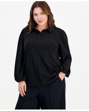 Anne Klein Essentials Plus Size Houndstooth Stretch Knit Puff-sleeve Long-sleeve Blouse - Black