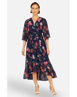 Yumi' Floral Dip Hem Kimono Wrap Dress - Blue