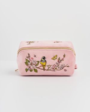 Fable England Love Velvet Embroidered Comestic Pouch - Pink