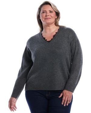 Rafaella Plus Size Lace Trim V-neck Long-sleeve Sweater - Gray
