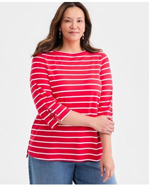 Style & Co. Plus Size Boat-neck Cotton Lace-up-sleeve Tunic - Red
