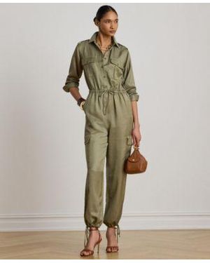 Ralph Lauren Spread Collar Shantung Cargo Jumpsuit - Green