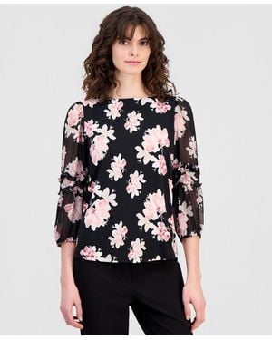 Anne Klein 3 4 Sleeve Floral Print Ruffle Sleeve Top - Multicolor