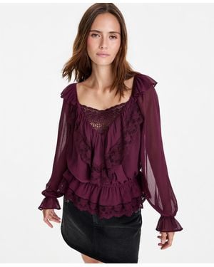 And Now This Ruffle Long-sleeve Lace-trim Top - Purple