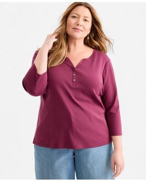 Style & Co. Plus Size 3/4-sleeve Cotton Henley Top - Red