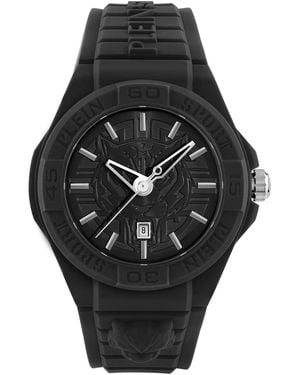 Philipp Plein New Fearless 3 Hand Date Quartz Silicone Strap 46mm - Black