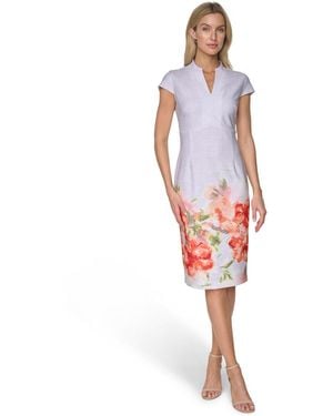 Calvin Klein Petite Placement Printed Split V-neck Sheath Dress - Red