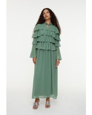 MARYISA Modest Ruffle Chiffon Dress Maxi With Designer Sleeve - Green