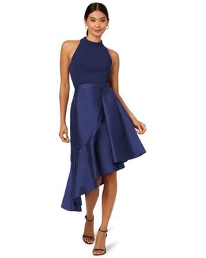 Adrianna Papell Mixed-media Sleeveless Ruffle-trim Dress - Blue
