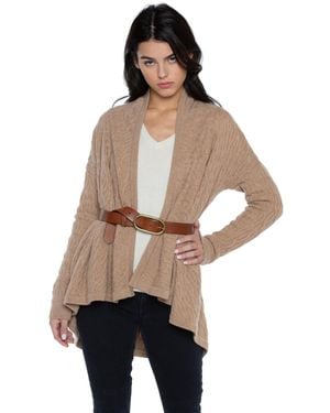 Jennie Liu 100% Pure Cashmere 4-ply Cable-knit Drape-front Open Cardigan Sweater - Natural