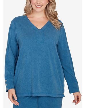 Ruby Rd. Plus Size Luxe Rib V-neck Button Accent Knit Top - Blue