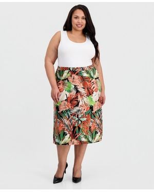 Kasper Plus Size Printed Pull-on Flare Midi Skirt - Multicolor