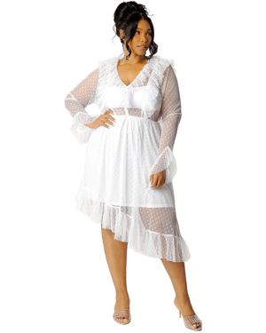 Buxom Couture Plus Size Asymmetrical Polka Dot Mesh Ruffle Dress - White