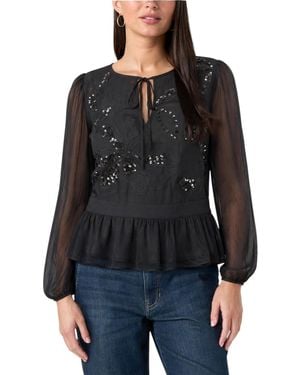 Liverpool Los Angeles Floral-embroidered Tie-front Blouse - Black