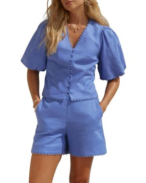 Mint Velvet V-neck Short Puff-sleeve Scalloped Edge Blouse - Blue
