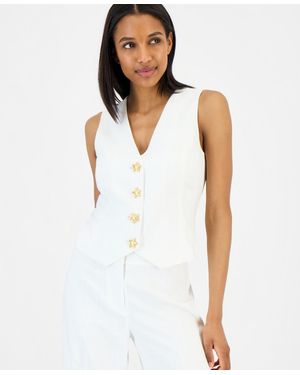 Tahari Starfish-button Linen Blend Vest - White