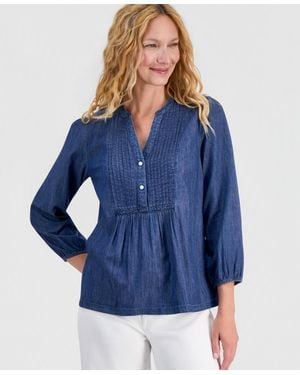 Nautica Chambray Pintuck Popover Blouse - Blue