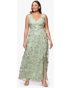 Xscape Plus Size A-line Raised Flower V-neck Ball Gown - Green
