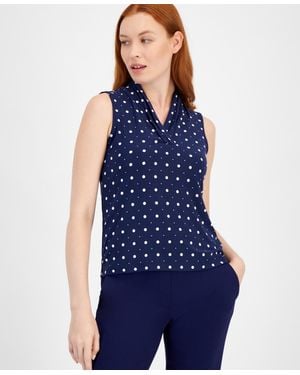 Anne Klein Pleated-neck Printed Sleeveless Top - Blue