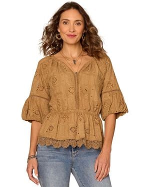 Democracy Petite Bubble-sleeve Split Neck Top - Brown