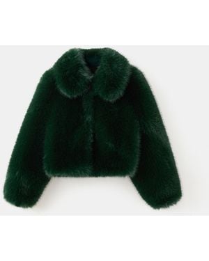 Mango Faux-fur Cropped Jacket - Green