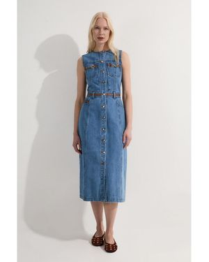 Karen Millen Sleeveless Midi Denim Dress - Blue