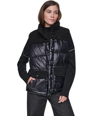 DKNY Sherpa Mix Mock Neck Quilted Vest - Black