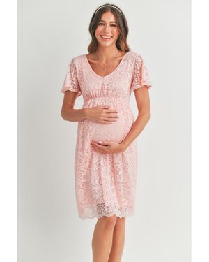 Hello Miss Maternity Floral Lace Empire Waist Short Sleeve Dress - Pink