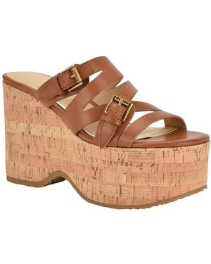 Guess Nailah Strappy Buckles Cork Platform Wedge Sandal - Brown