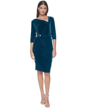 Halston Velvet Asymmetrical Neckline Midi Dress - Blue