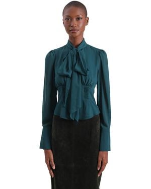 Avec Les Filles Long Puff-sleeve Scarf Neck Top - Blue