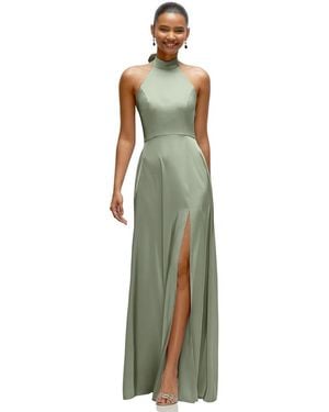 After Six Band Collar Halter Open Back Fluid Satin Maxi Dress - Green