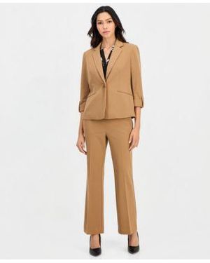 Anne Klein Essentials Petite 3 4 Sleeve One Button Blazer Printed Elbow Sleeve Split Neck Top Pull On Straight Leg Pants - Natural