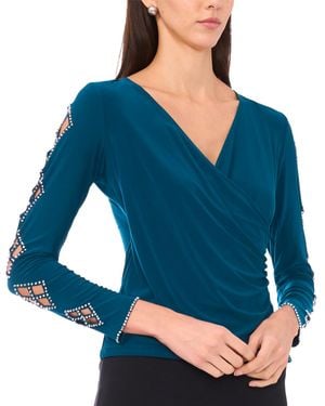 Msk Petite Faraj Long Sleeves Faux Wrap Top - Blue