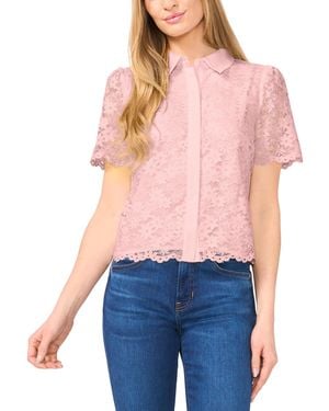 Cece Floral Lace Hidden Placket Blouse - Blue