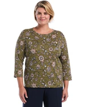 Rafaella Plus Size Floral-print 3/4-sleeve Cotton Blouse - Green