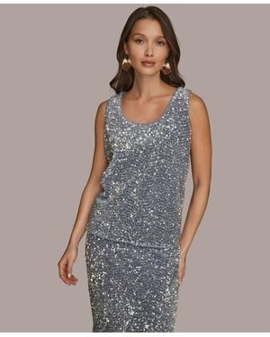 Donna Karan Embellished Sequin Scoop Neck Camisole Top - Blue