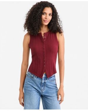 On 34th Pointelle-rib Button-front Tank - Red