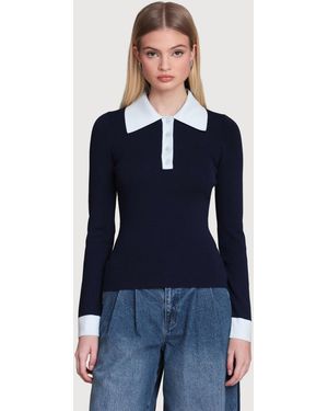 Avec Les Filles Spread Collar Polo Sweater - Blue