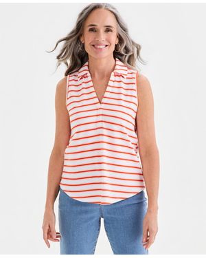 Style & Co. Striped Johnny-collar Sleeveless Top - Red