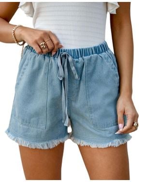 CUPSHE Frayed Drawstring Denim Shorts - Blue