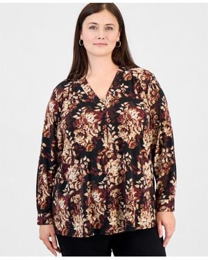 Anne Klein Essentials Plus Size Long Sleeve Floral Split Neck Blouse - Brown